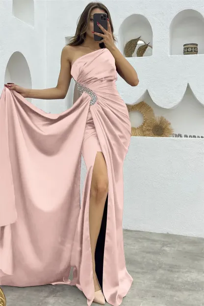 Black Sleeveless One Shoulder Long Split Pleated Formal Dress With Rhinestone