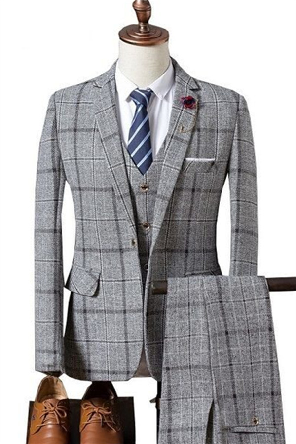 Formal Slim Fit Plaid Notched Lapel Business Men's Suits