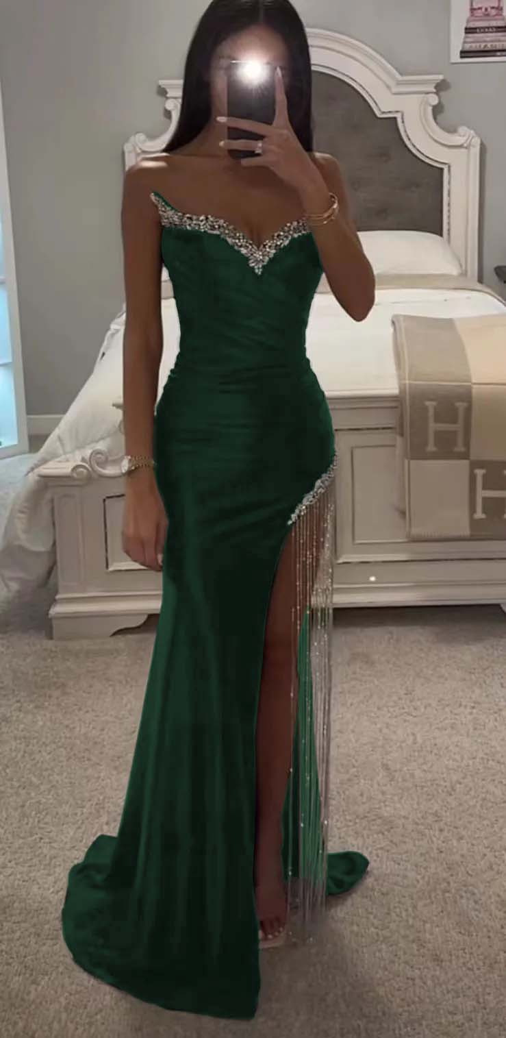 Strapless Sleeveless Long Mermaid Formal Dress With Split Tassel Beading
