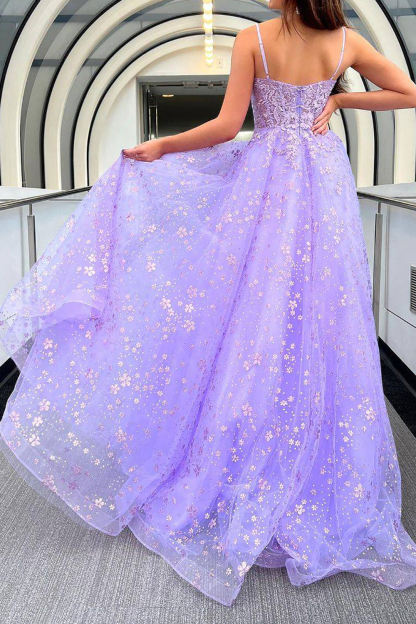Elegant Purple Corset Prom Dress with Spaghetti Straps and Appliques in A-Line Style