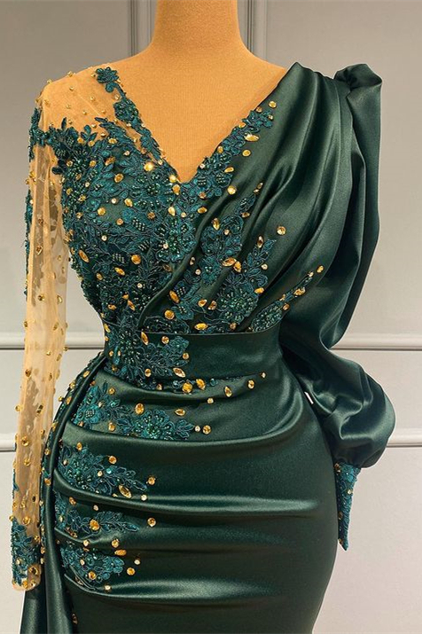 Dark Green Long Sleeves V-Neck Evening Dress Beadings Prom With Lace Appliques