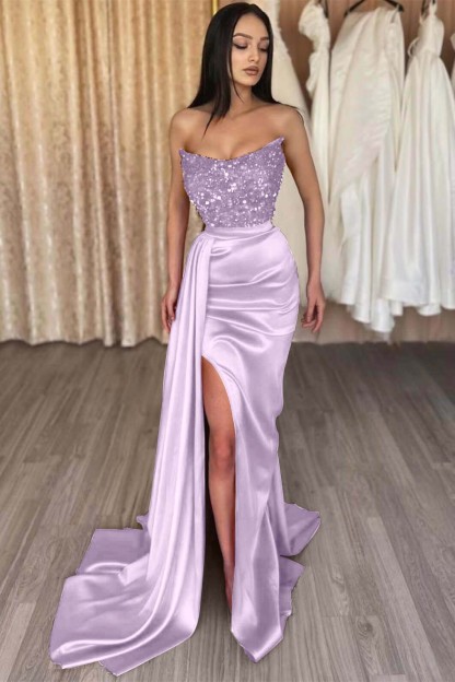 Red Strapless Elegant Sleeveless Long Sequins Formal Dress Mermaid Side Split
