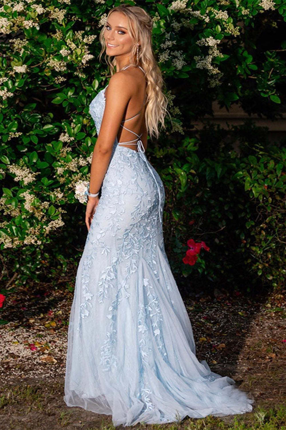 Backless Evening Gown in Long Mermaid Blue Prom Dress