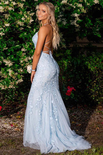 Backless Evening Gown in Long Mermaid Blue Prom Dress