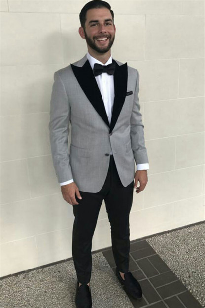 Formal Grey Slim Fit Black Peaked Lapel Business Men's Suits