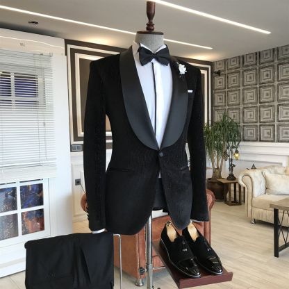 Gentle Black Slim Fit Shawl Lapel with One Button Sparkle Wedding Suits