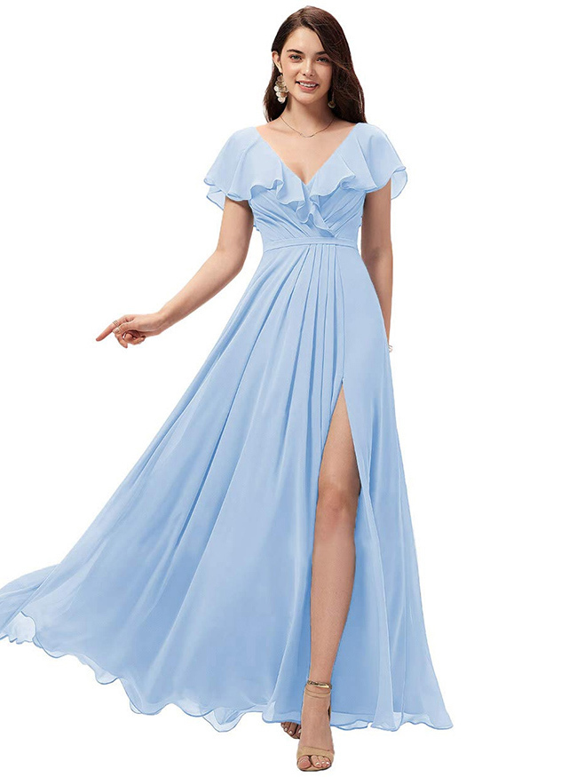 Chiffon Ruffles Bridesmaid Dress with Split