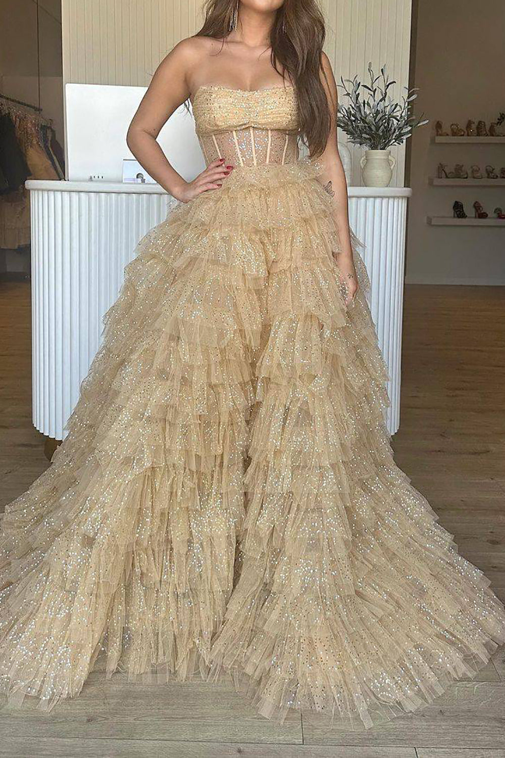 Exquisite Champagne Strapless A-Line Corset Prom Dress with Ruffles