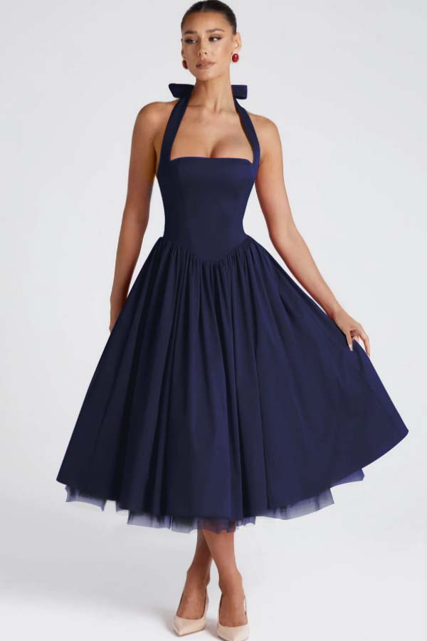 Halter Sleeveless Long A Line Formal Dress With Pleated Tulle