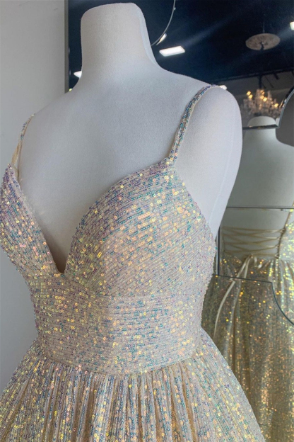 Shining Sequins V-Neck Spaghetti Strap Sleeveless Long A Line Formal Dress