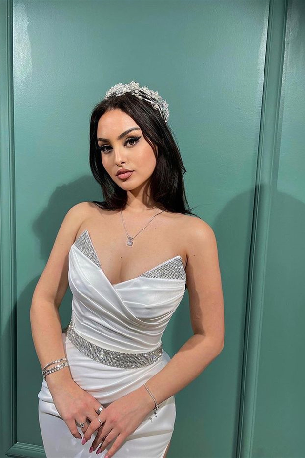 White V-Neck Mermaid Spaghetti-Straps Split Evening Dress With Sequins