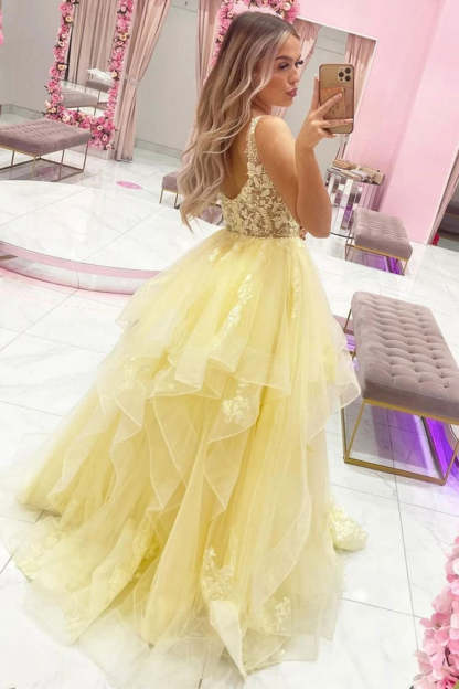 Yellow Deep V-Neck A-Line Prom Dress Featuring Appliques