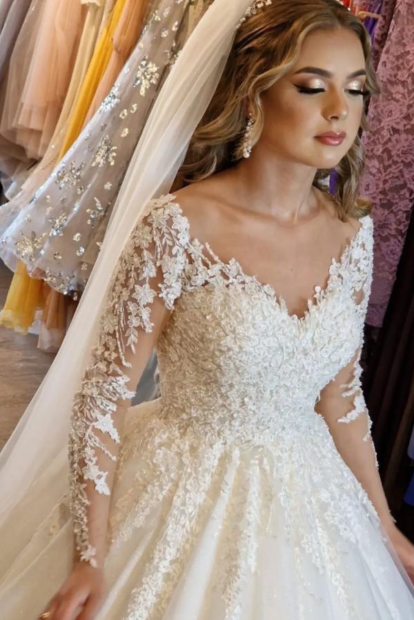Stunning White V-Neck Lace A-Line Wedding Dress with Long Sleeves