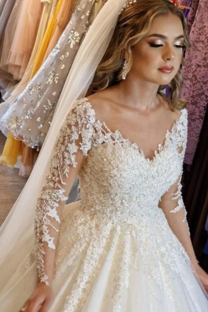 Stunning White V-Neck Lace A-Line Wedding Dress with Long Sleeves