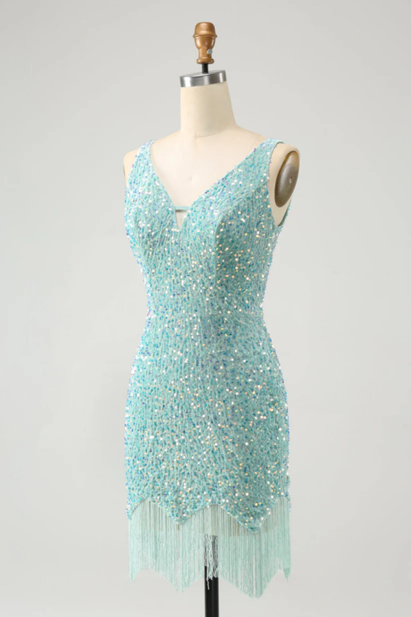Mint Green Sequins Tassel Short Mini cocktail Dress