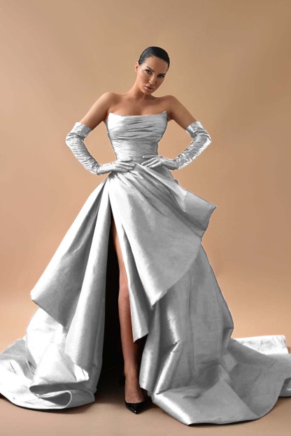 Strapless Sleeveless Long Split Formal Dress With Gloves Pleated