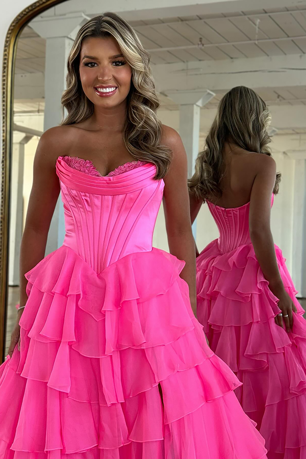 Sweetheart A Line Long Chiffon Prom Dress in Fuchsia with Tiered Corset and Slit