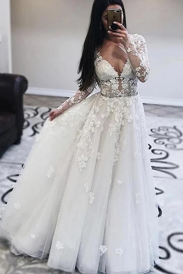 Classy Deep V-Neck Long Sleeve A-Line Wedding Dress with Appliques Lace Floor-Length Tulle