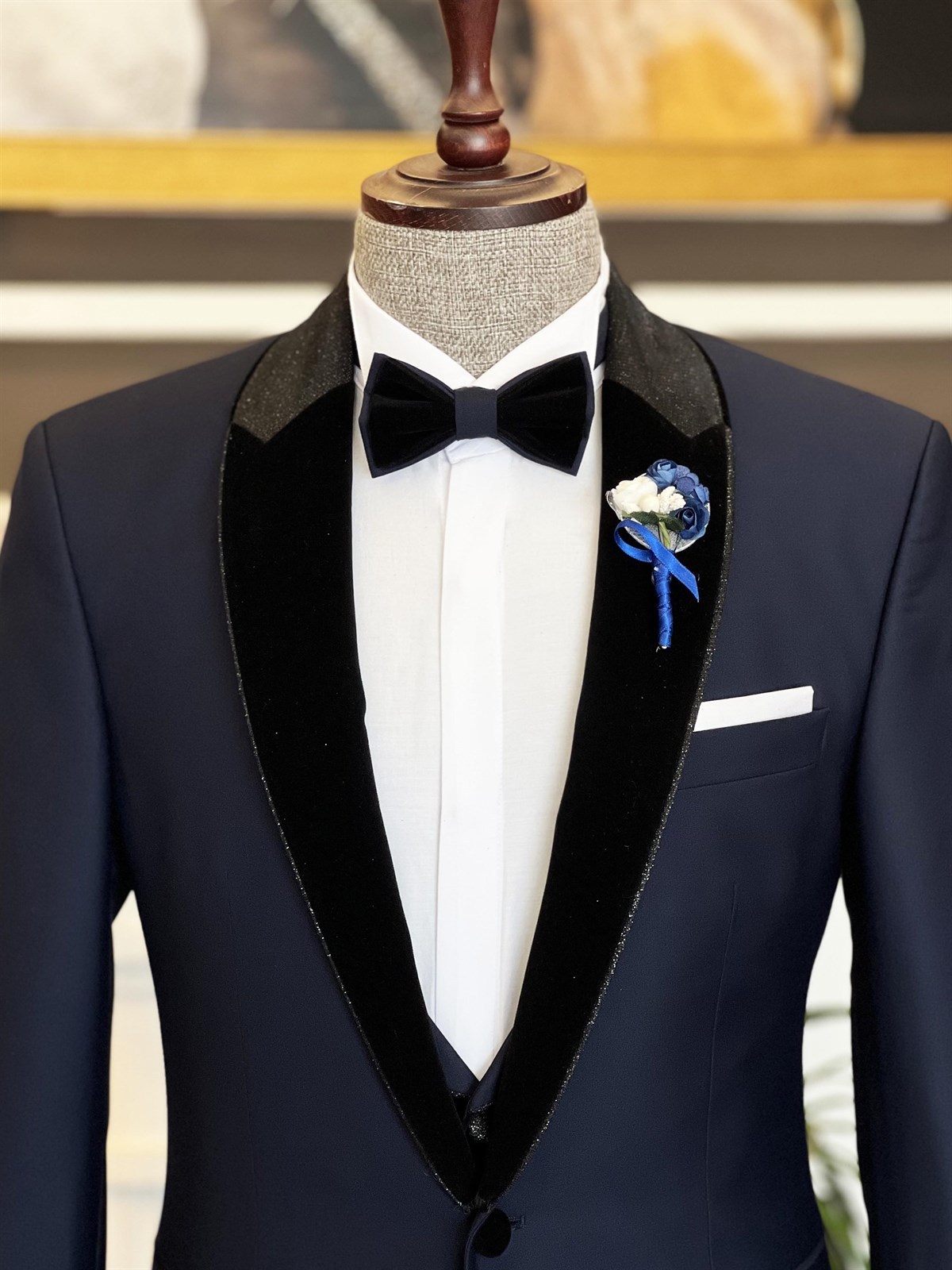 Clement Newest Dark Blue Three-Piece Splicing Shawl Lapel Men's Suits