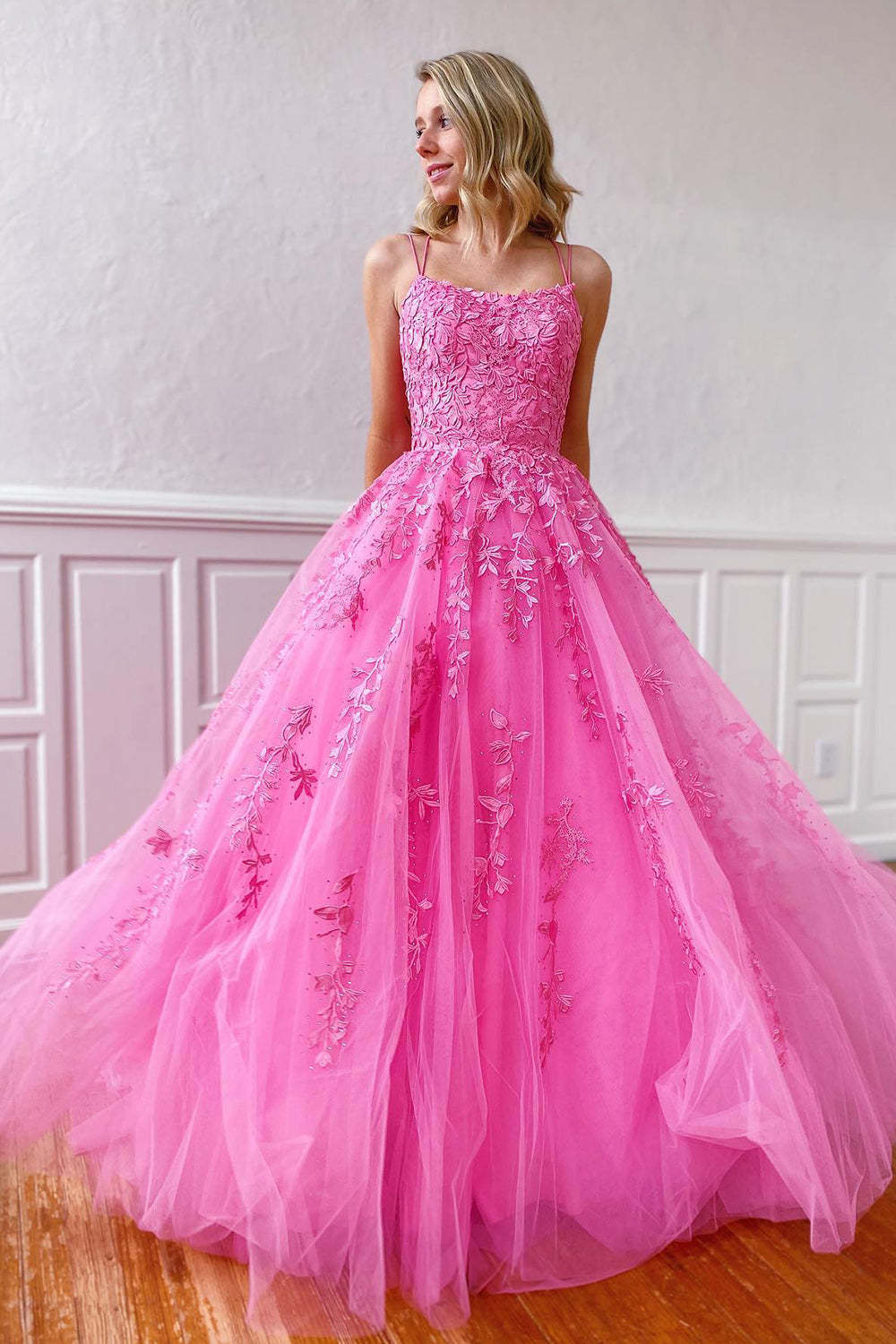 Prom Dress with Champagne Spaghetti Straps for Princess