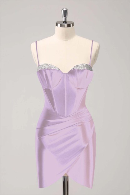 Blushing Pink Spaghetti-Straps Cross Skirt Beaded Lovely Short Mini cocktail Dress