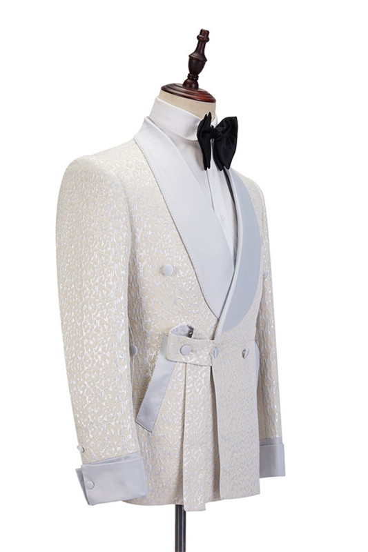 Chic Off-White Shawl-Lapel Slim-Fit Jacquard Wedding Suit for Men