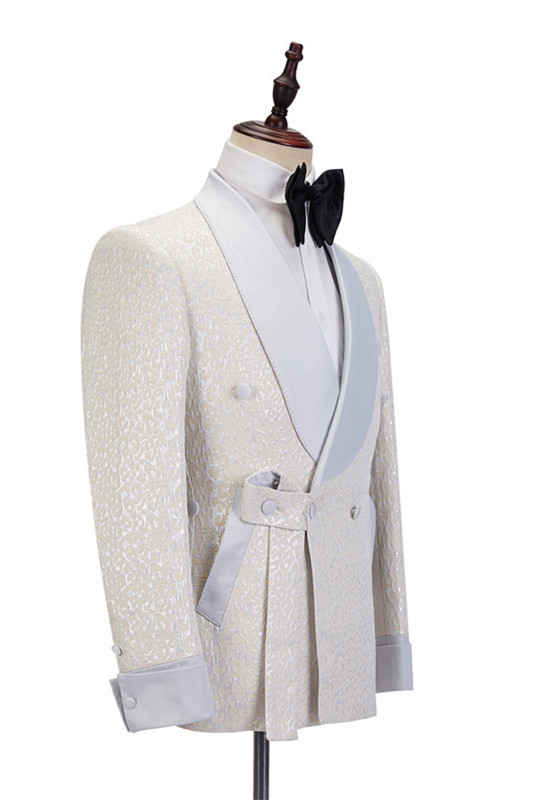 Chic Off-White Shawl-Lapel Slim-Fit Jacquard Wedding Suit for Men