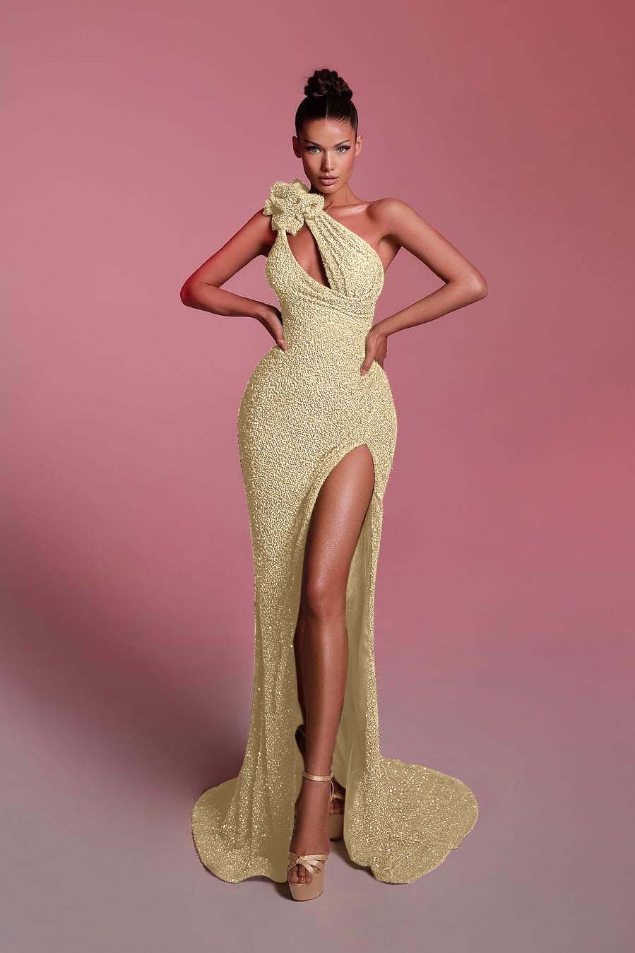 Charming Sequins One Shoulder Sleeveless Long Formal Dress With Front Split