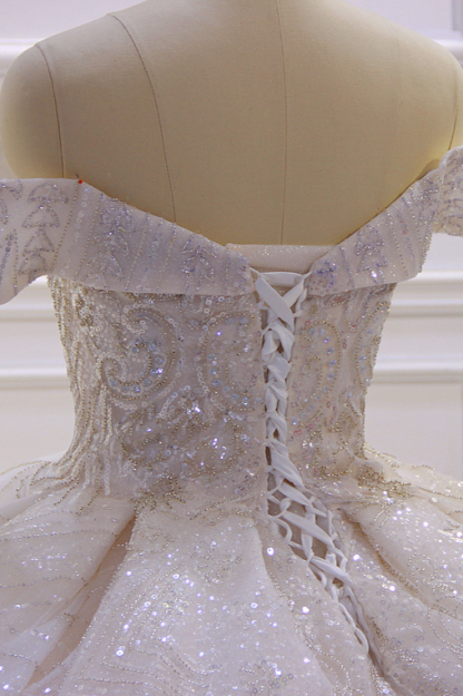 Stylish Off-The-Shoulder Satin Ball Gown Ruffles Wedding Dress Beading with Sequins