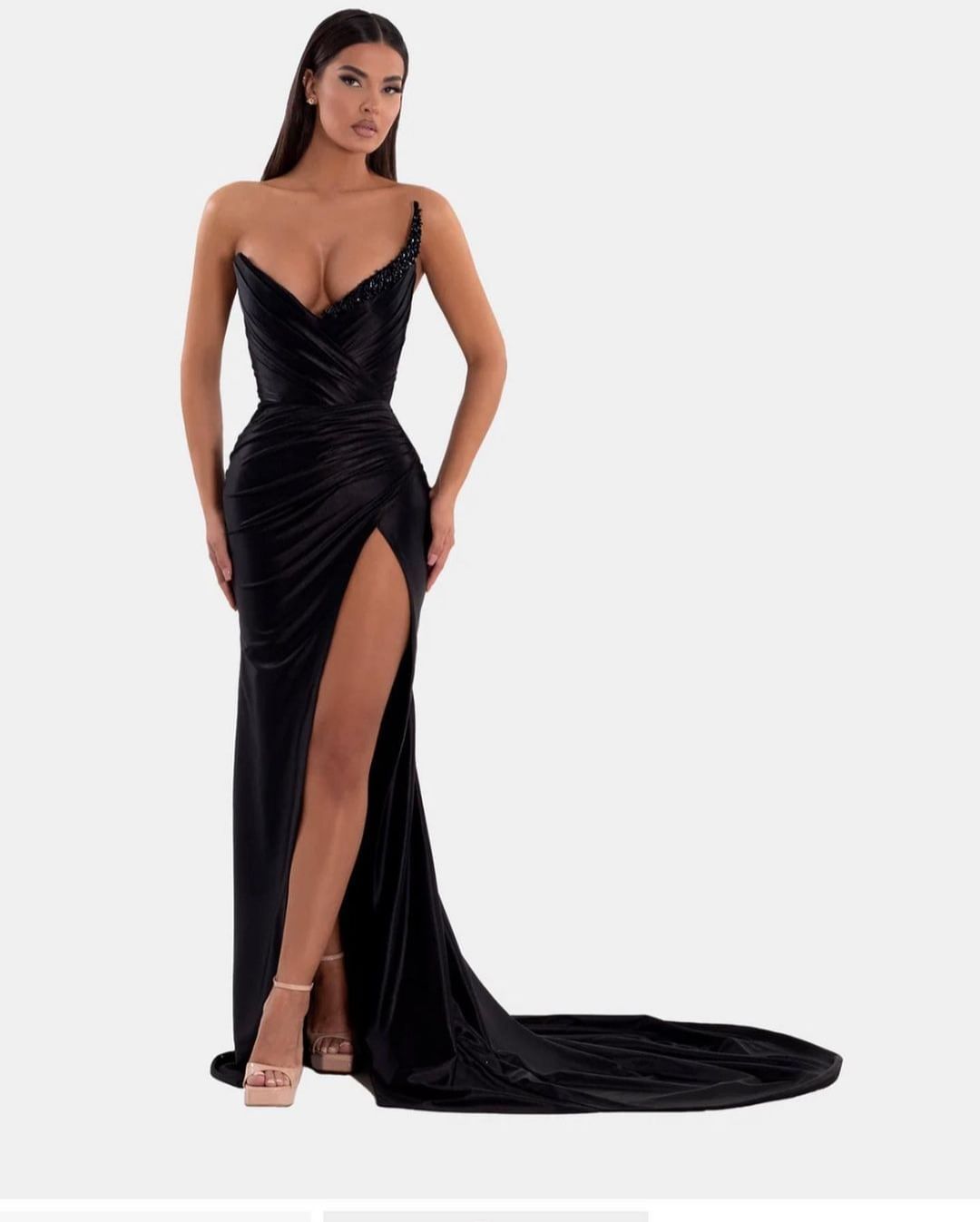 Sexy Royal Blue Formal Dress V Neck With High Slit Pleated Strapless Sleeveless