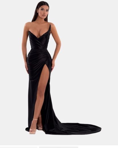 Sexy Royal Blue Formal Dress V Neck With High Slit Pleated Strapless Sleeveless