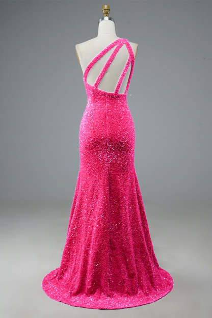 Long Prom Dress in Fuchsia with Sequin Details and Slit