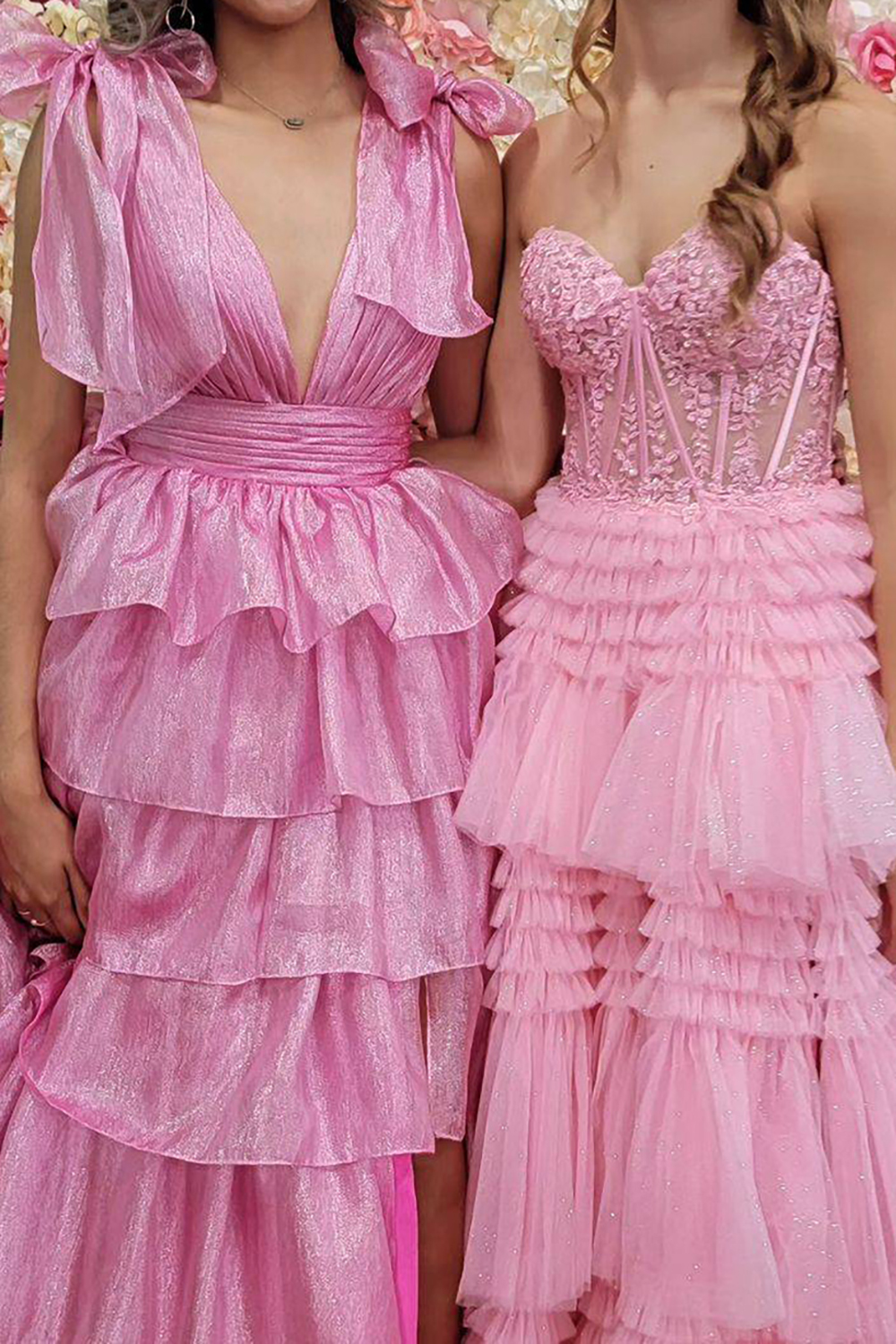Deep V Neck Fuchsia Princess Prom Dress with Ruffles in A Line