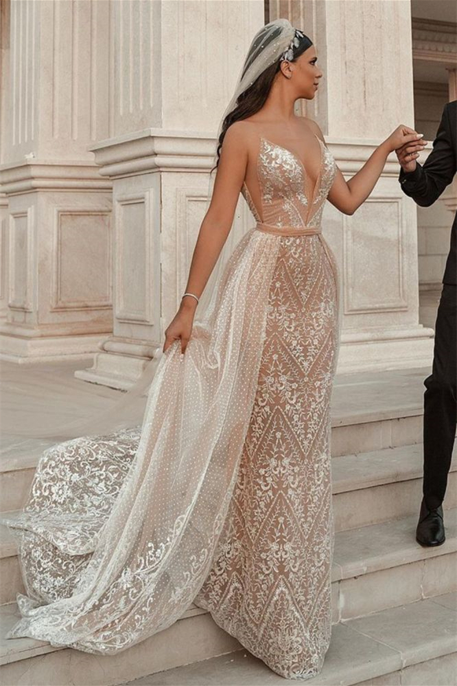 Spaghetti-Strap Mermaid Wedding Dress with Applique Ruffles