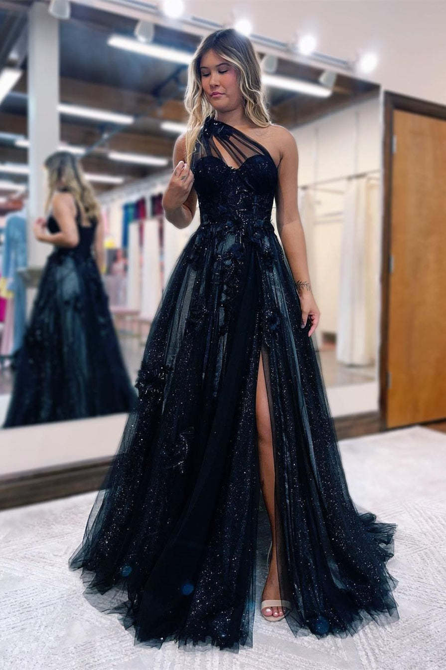 One-Shoulder Sweetheart Black Tulle Split Evening Dress With Appliques