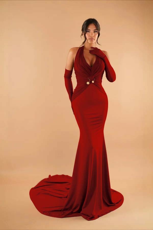 Halter Sleeveless Long Mermaid Formal Dress With Pleated Gloves