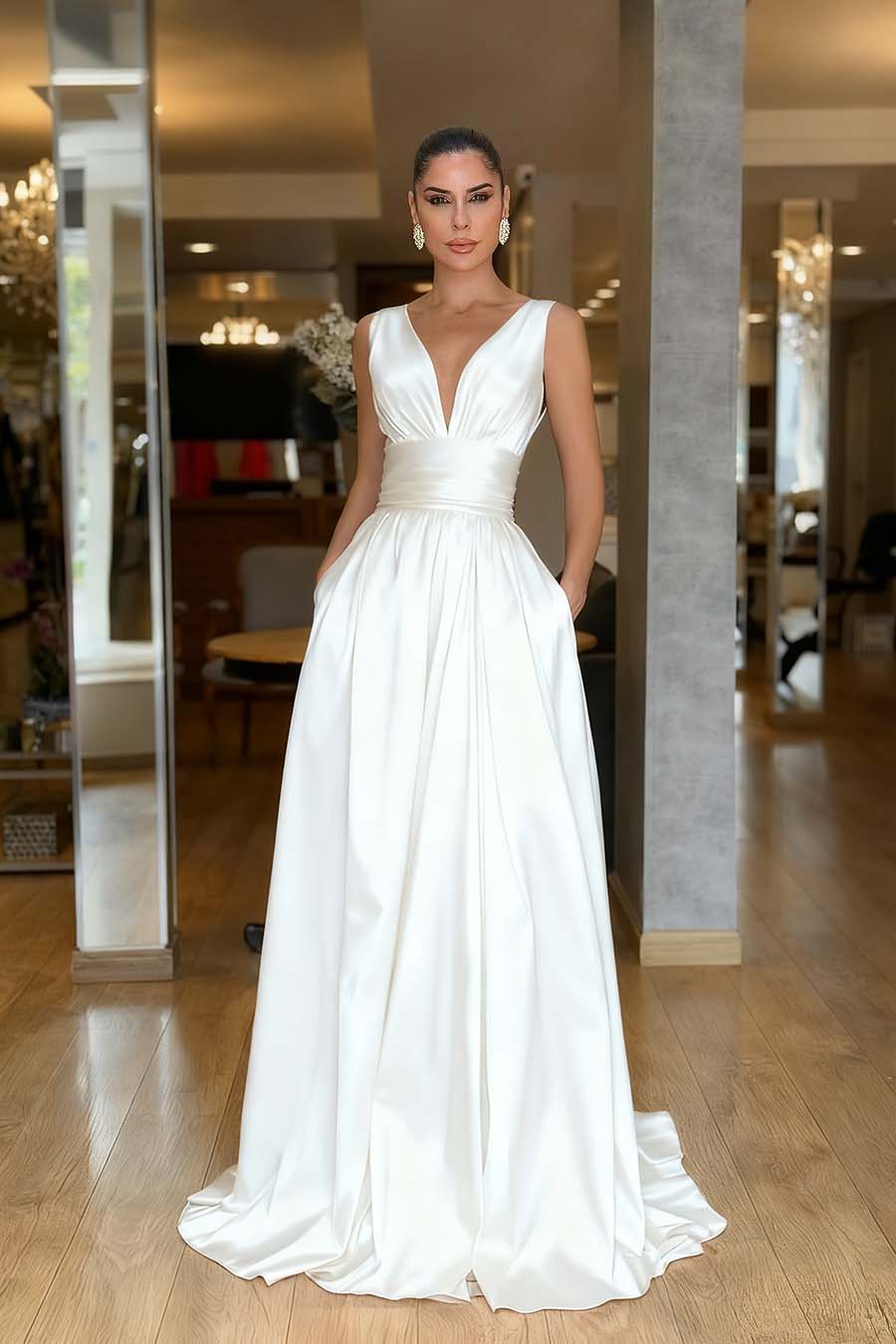 Straps Sleeveless High Waist Long Formal Dress With Pockets Pleated