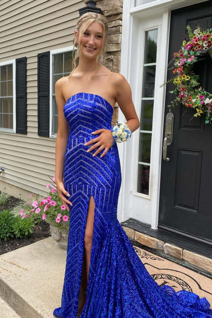 Long Strapless Prom Dress with Sky Blue Sequins