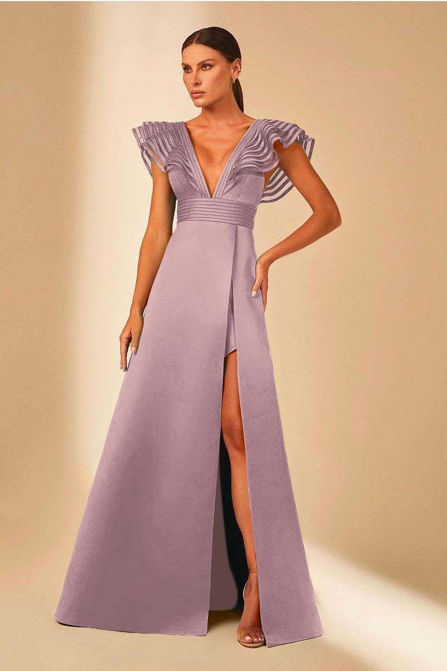 Deep V Neck Sleeveless A Line Long Formal Dress With Front Split