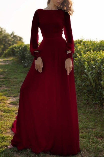 Tulle Bateau Long Sleeves Boho Wedding Dress A-Line Open Back