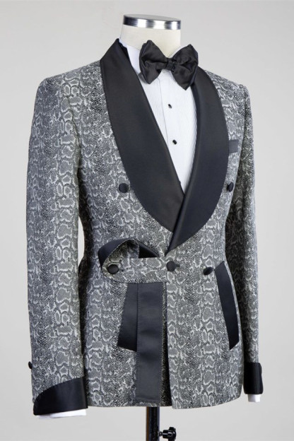 Khalil Gray Black Lapel Jacquard Wedding Men's Suits with Double-Breasted