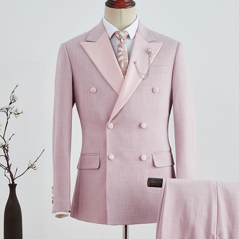 Simple Pink Double-Breasted Marriage Suit with Plaid Peaked Lapel