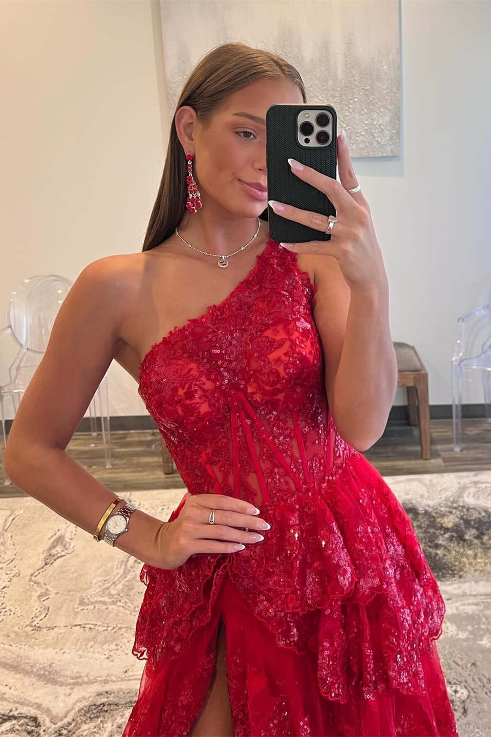 Light Purple Long Prom Dress with One Shoulder and Lace Ruffles in A-Line Princess Style