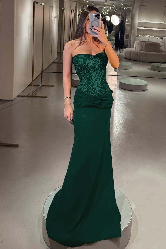 Strapless Sleeveless Long Mermaid Formal Dress With Pleated Sequins