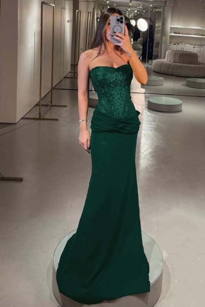 Strapless Sleeveless Long Mermaid Formal Dress With Pleated Sequins