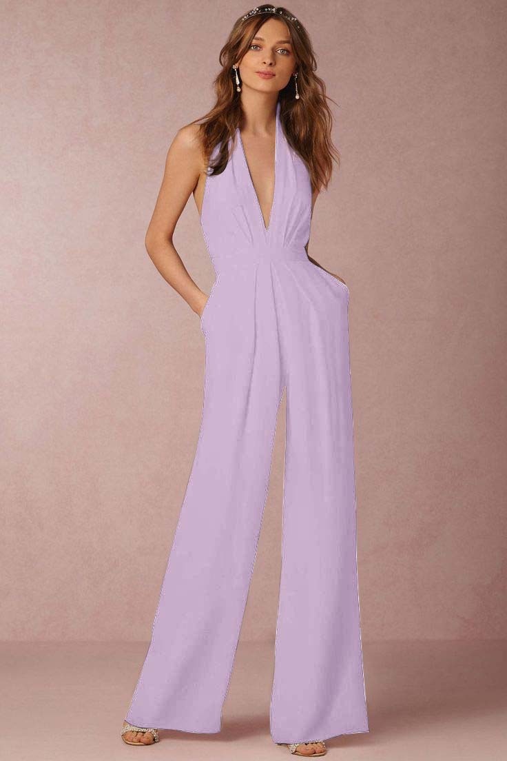 Casual Black Deep V-Neck Halter Long Daily Jump Suit