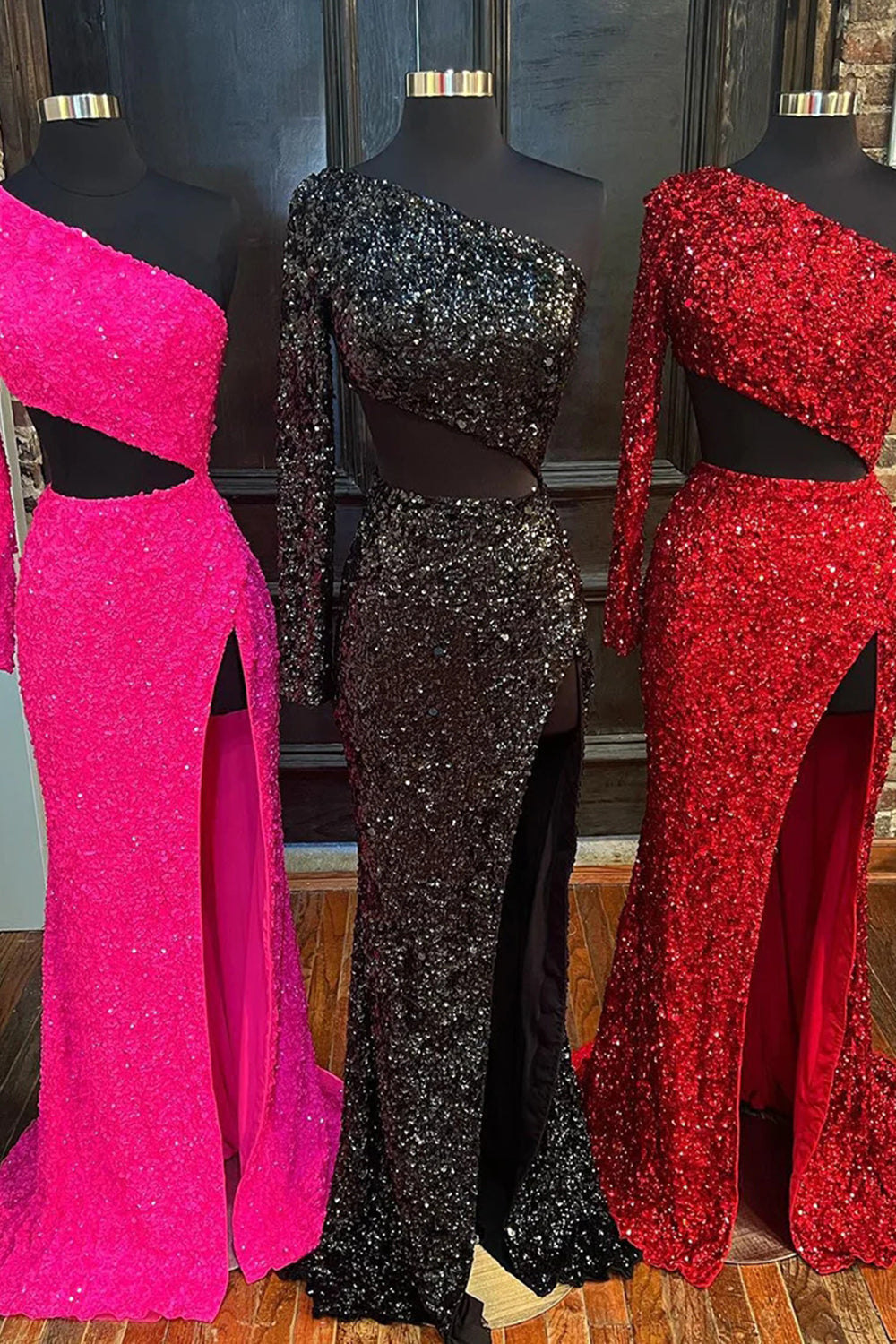 Blue Sequined One-Shoulder Long Prom Dress with Sheath Cutout
