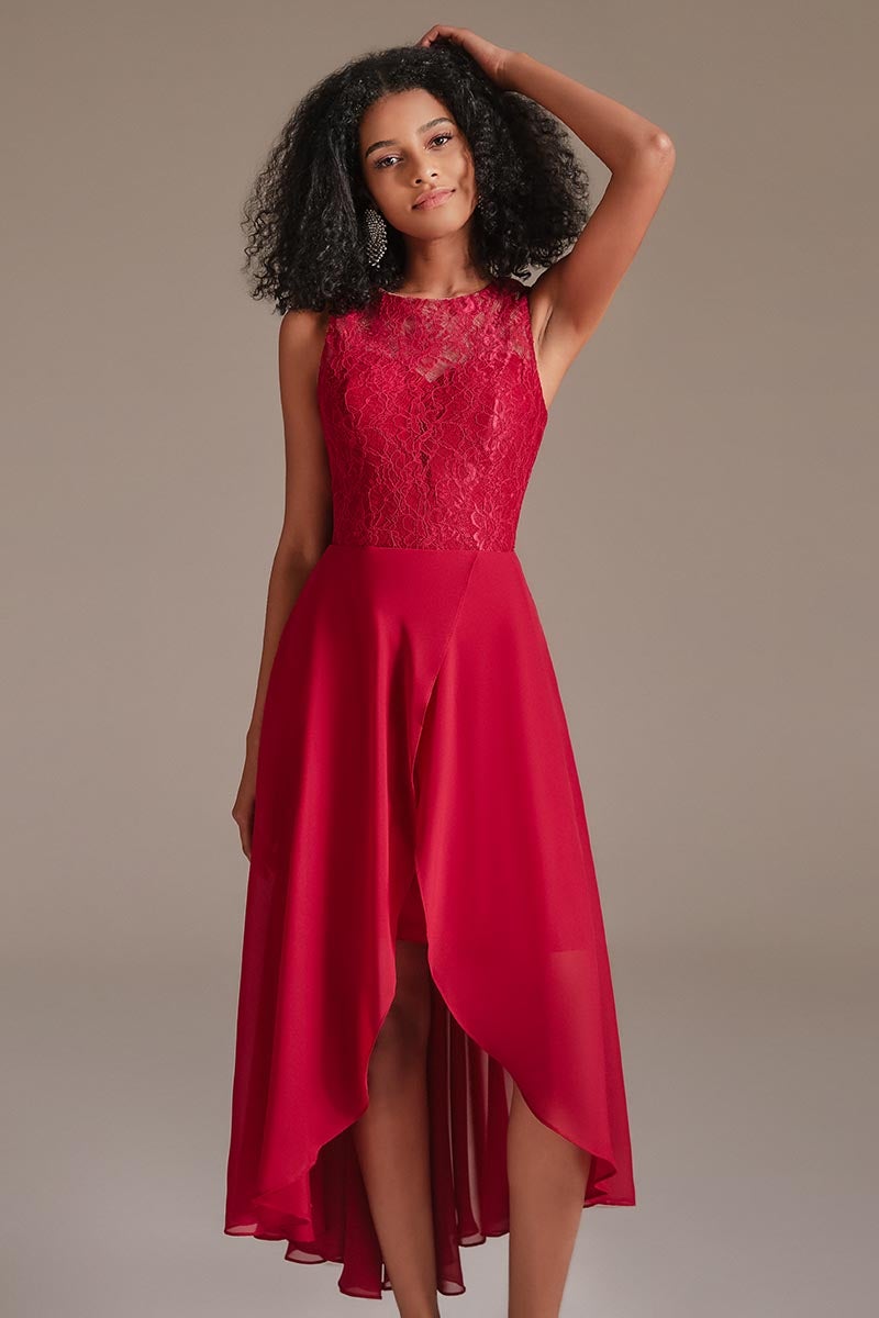 Red Lace Hi-Lo Bridesmaid Dress