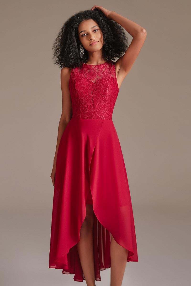Red Lace Hi-Lo Bridesmaid Dress