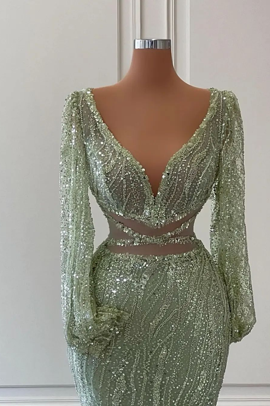 Light Green Long Sleeves V-Neck Evening Dress Mermaid With Sequins Beads